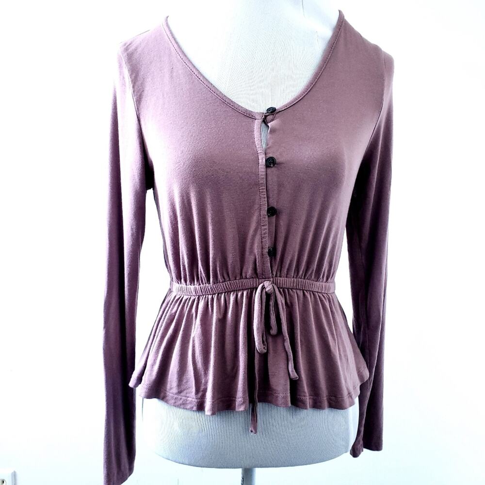 Good Luck Gem Bohemian Shirt Peplum Hem Mauve Purple Small Gathered Waist
